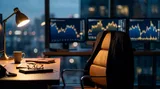 A trader sits back in their chair at a desk, arms crossed and relaxed, deliberately stepping away from multiple glowing screens displaying volatile, jagged market charts. The mood is calm and composed — a deliberate contrast between the chaotic, conflicting price movements on the screens and the trader's patient, unhurried posture. Warm, focused lighting emphasizes the sense of disciplined restraint, visually capturing the power of choosing *not* to act.