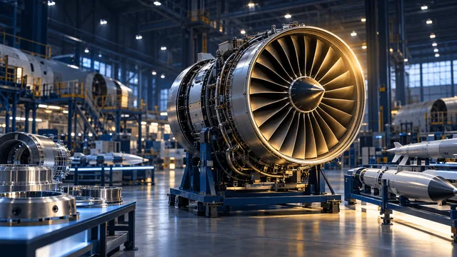 A jet engine on a stand inside an aerospace manufacturing hangar, lit with a warm highlight, surrounded by orderly rows of aircraft and defense components under industrial lighting.