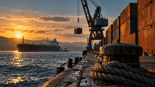 A weathered dockside crane stands silhouetted against a golden late-afternoon sky, its cables taut over stacked rust-orange shipping containers lined up in neat rows on the pier.