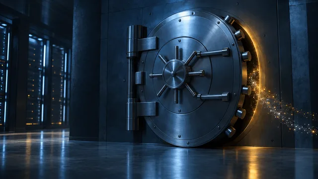 A massive vault door shown almost completely sealed, with one small unsealed gap glowing amber as faint digital light leaks out, symbolizing a near-complete but not fully finished recovery of stolen funds.