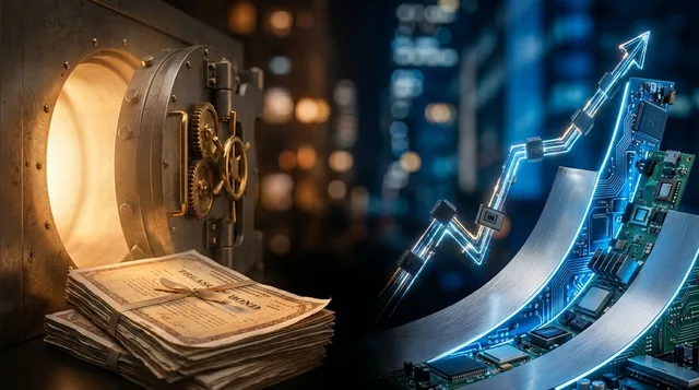 A split-scene image showing two diverging paths or scales: on one side, stacks of Treasury bond certificates or a safe/vault glowing with a false sense of security, and on the other side, a volatile stock market graph with semiconductor chips and tech hardware rising sharply upward. The contrast between the "safe" but potentially sinking bonds and the aggressive, concentrated tech rally visually captures the tension of retail investors possibly making the wrong bet. Dramatic lighting — perhaps w