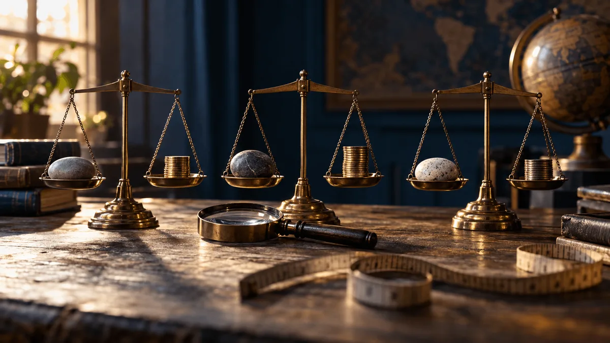 Three brass balance scales sit in a row on a weathered wooden desk, each holding a single smooth river stone balanced against a small stack of coins, illuminated by warm side light from a window.