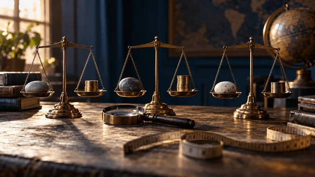 Three brass balance scales sit in a row on a weathered wooden desk, each holding a single smooth river stone balanced against a small stack of coins, illuminated by warm side light from a window.