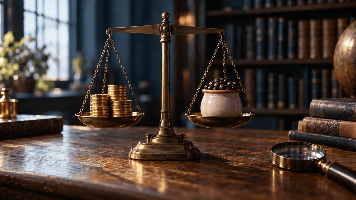 A single antique brass balance scale on a wooden desk, one pan holding a neat stack of gold coins and the other holding a small ceramic jar labeled only by its plain shape—no text—filled with coffee beans, evoking the coffee-shop earnings a