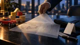 A still-life editorial scene with a toy car and wooden blocks on one side and a blank clothing tag and leather folder on the other, with a translucent sheet being lifted between them on a dark boardroom table, symbolizing a toy company and a brand-licensing firm considering a merger.