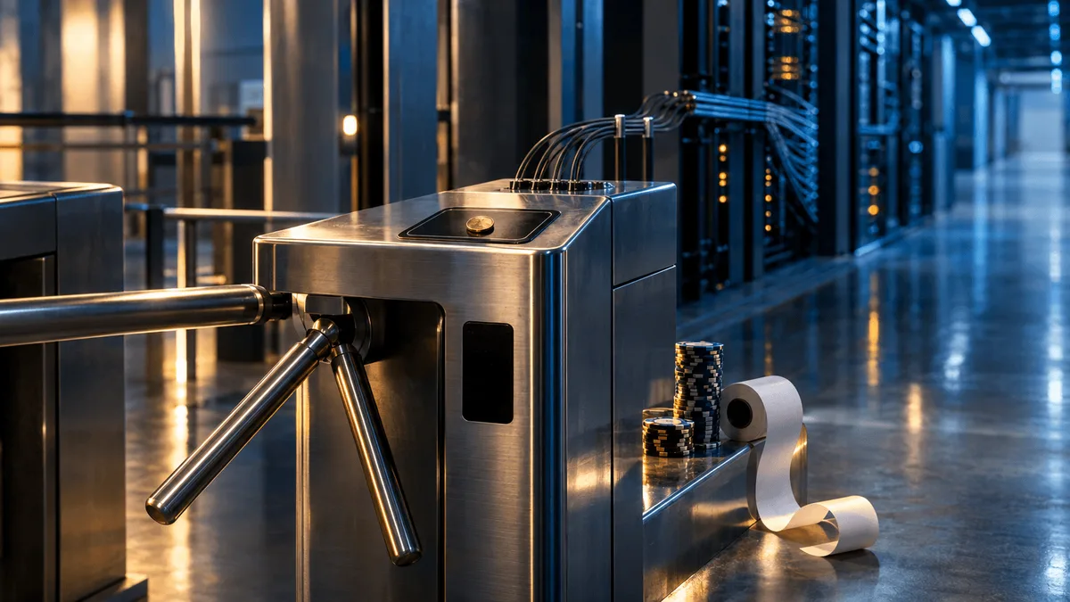 Wide shot of a stainless-steel toll-plaza turnstile lane, empty and brightly lit, with a single coin resting exactly on the sensor plate; overhead, thin cables run from the turnstile into a bundle of fiber-optic wiring disappearing into a s