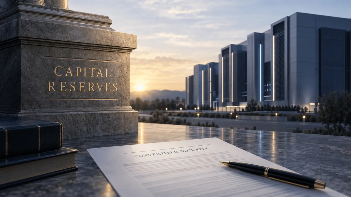 Editorial illustration showing institutional capital being considered for financing an AI data-center expansion through an equity-linked security.
