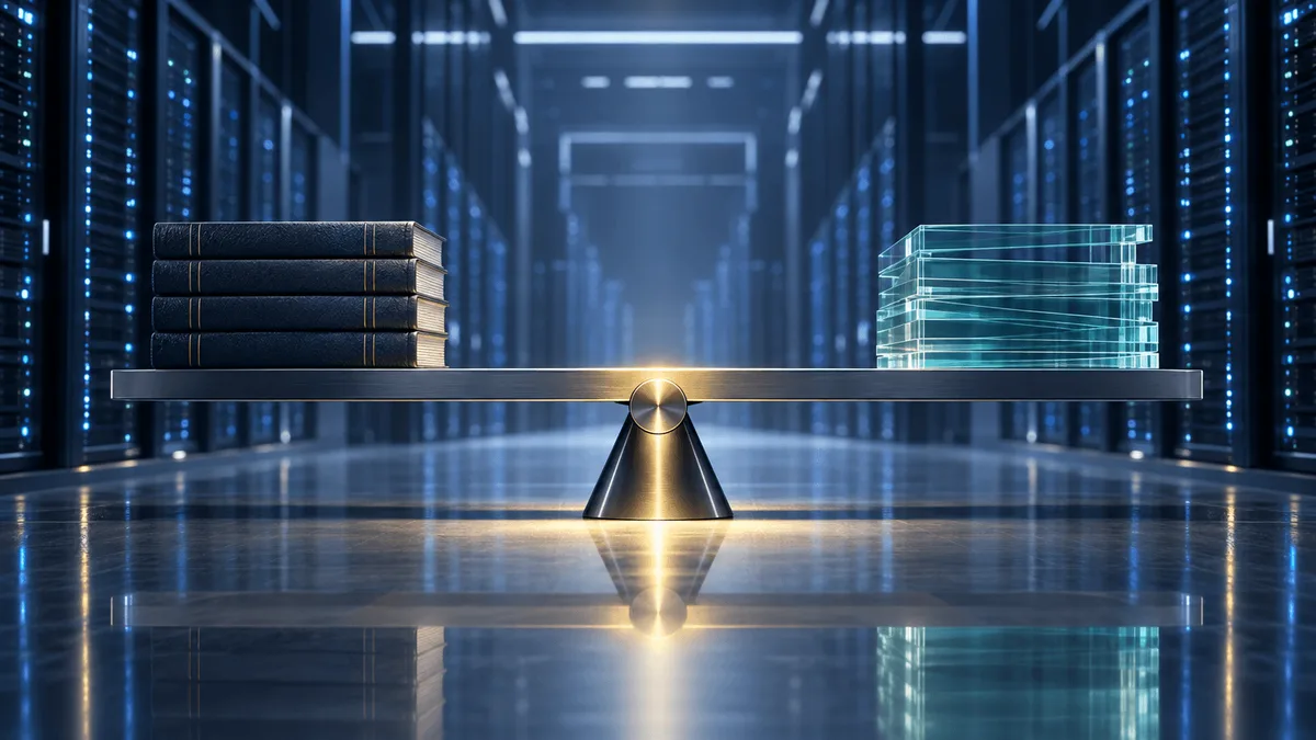 A steel balance beam in a dim data-center hall holds dark ledger-like slabs on one side and translucent glass panes on the other, perfectly level under a single warm spotlight amid glowing blurred server racks.