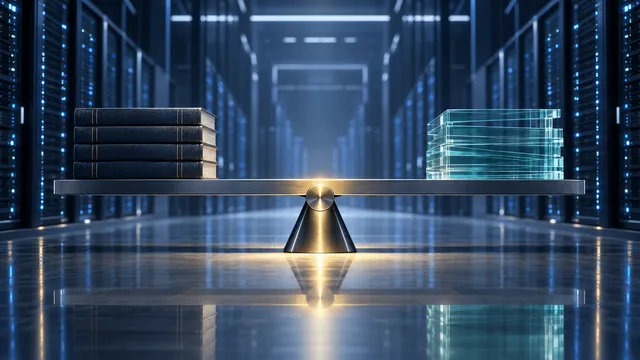 A steel balance beam in a dim data-center hall holds dark ledger-like slabs on one side and translucent glass panes on the other, perfectly level under a single warm spotlight amid glowing blurred server racks.