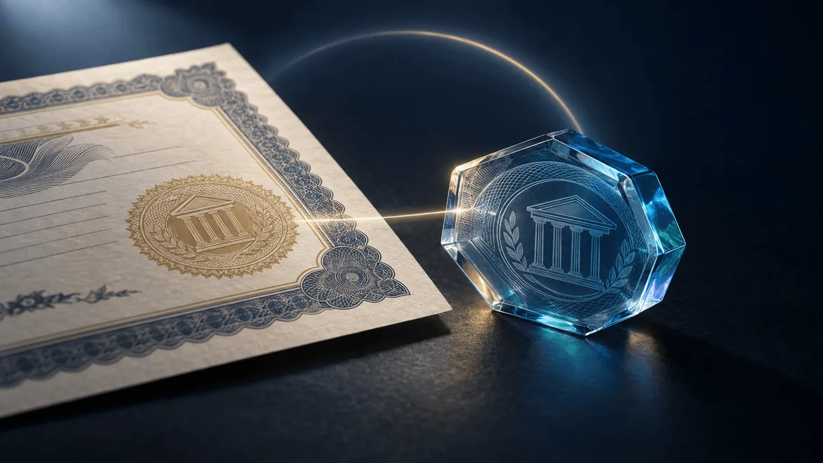 A textured paper stock certificate paired with a translucent glass token, connected by a soft beam of light on a dark studio background, symbolizing regulated tokenized shares.