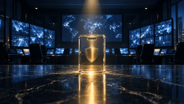 A darkened security monitoring room with glowing blue control panels in the background and a single golden-lit glass object resting on a marble surface in the foreground, symbolizing a change in corporate ownership.