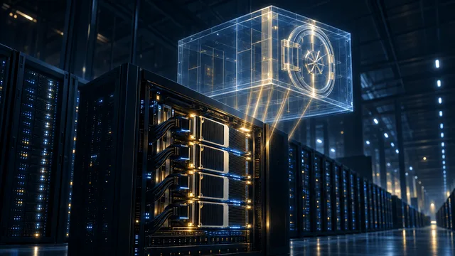 A dim data center with a glowing server rack of GPU hardware in the foreground, connected by beams of light to a translucent, ghostly vault-like structure hovering above it, symbolizing chips being placed into a separate financial holding entity while remaining in use.