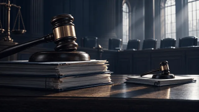 A large gavel beside a much smaller gavel on a judge's bench, symbolizing a reduced legal penalty, in a dim, formal courtroom setting.