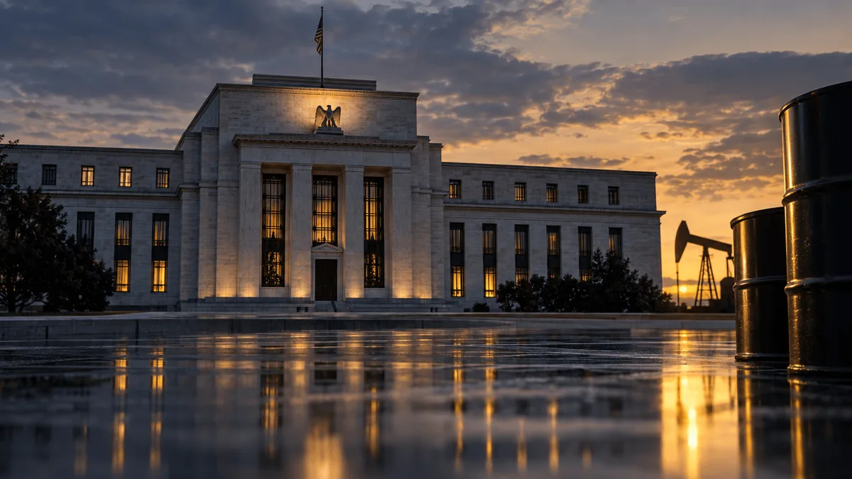 The Federal Reserve building at dusk beside a subdued oil-market reflection, representing the interaction between monetary policy and geopolitical energy risks.