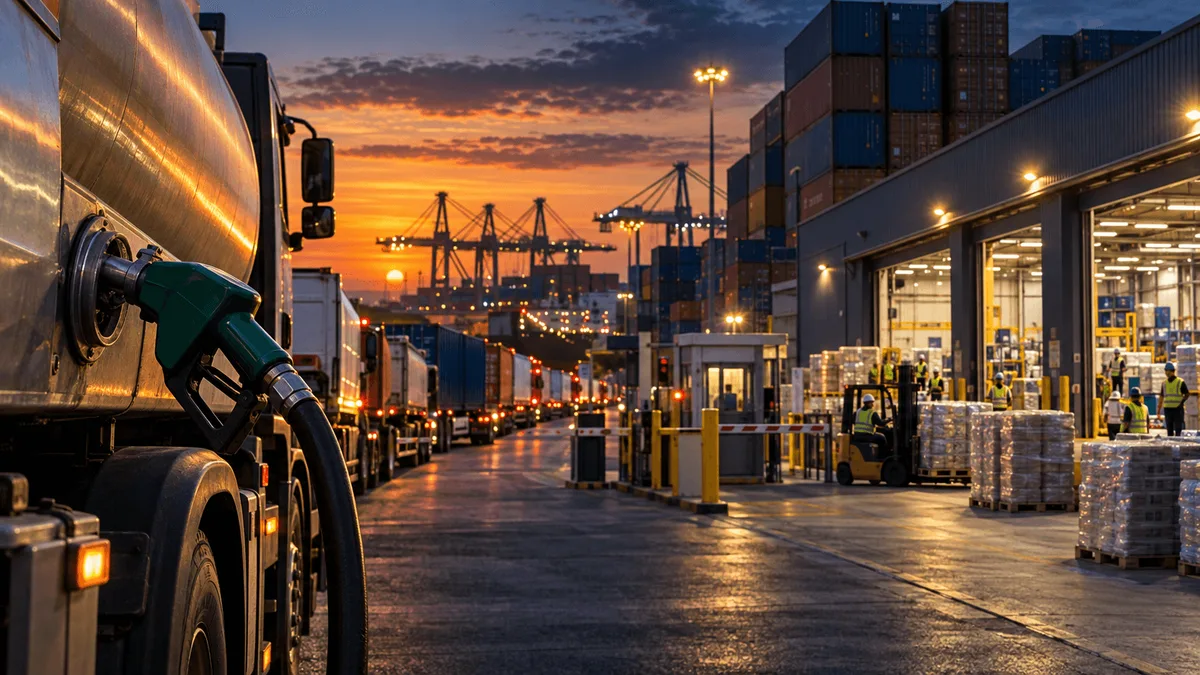 Wide shot of a freight yard and factory at dusk, showing idling trucks, stacked shipping containers, workers moving pallets, and a diesel fuel pump, symbolizing strong economic activity paired with rising costs and supply-chain strain.