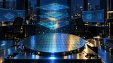 A silicon wafer with etched circuitry sits on a lab table beside a glowing holographic render of a chip floorplan, evoking AI-assisted semiconductor design in a dark engineering studio.