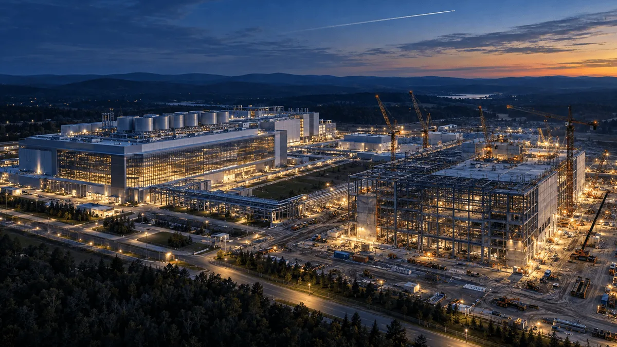 Aerial dusk view of a semiconductor fab campus in upstate New York with one nearly completed building and a second still under construction with cranes, representing twin chip fabs at different project stages.