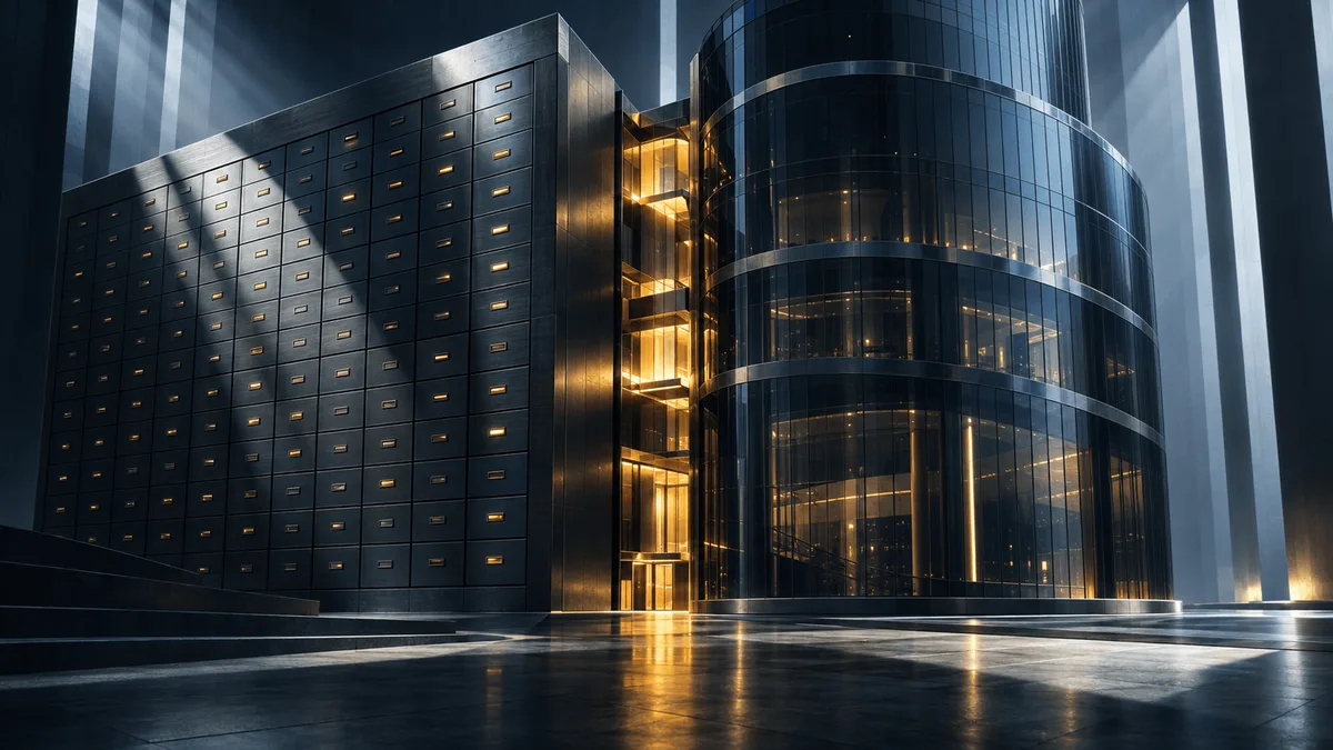Editorial illustration of two fused architectural structures, a data-archive facade and a glass exchange tower, joined by a seam of warm light, symbolizing a financial acquisition.