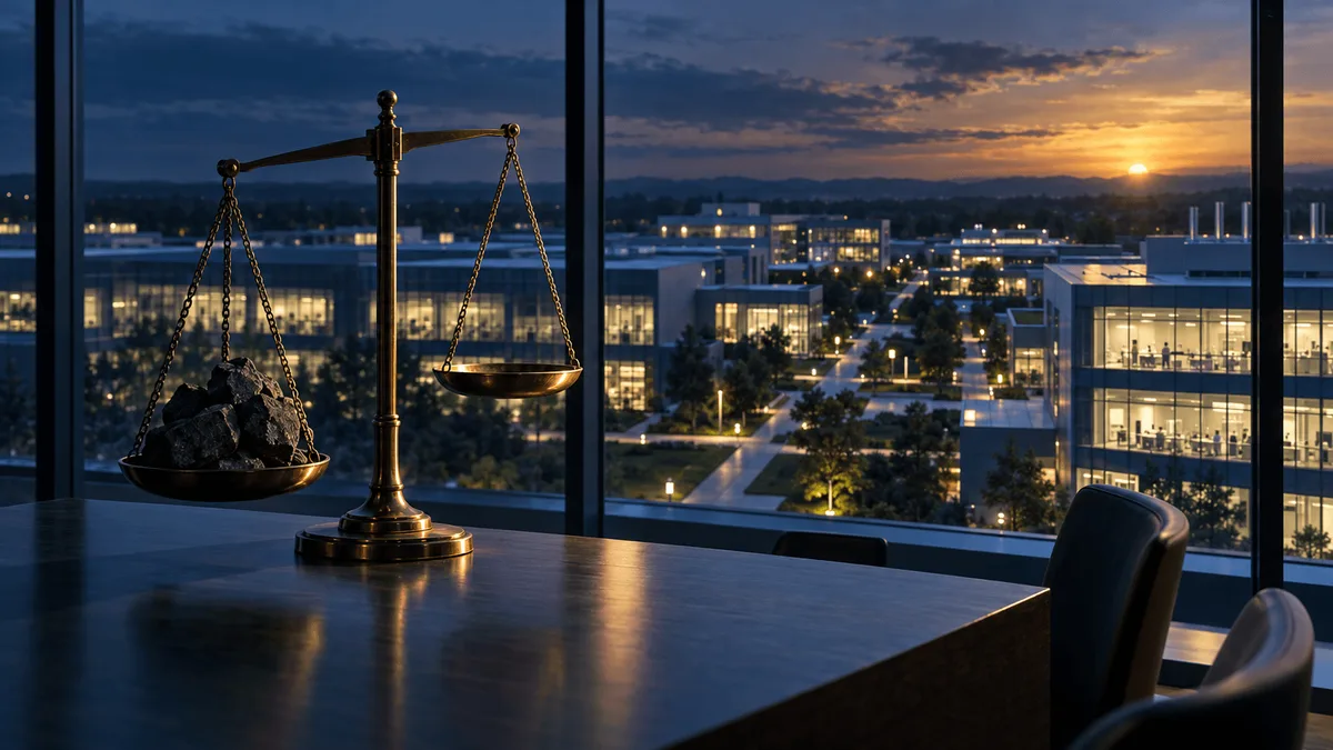 Editorial illustration of a balance scale on a boardroom table, one side weighed down in shadow and the other raised in warm light, overlooking a glowing pharmaceutical campus at dusk.
