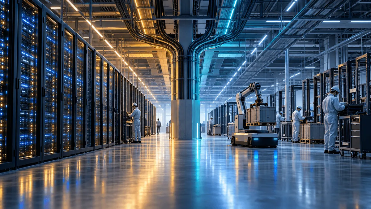 Wide interior view of a data center under construction, with server racks, cabling, and technicians handling hardware components, evoking a large-scale cloud infrastructure buildout.