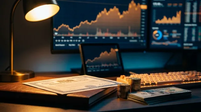 A confident investor sits at a modern desk reviewing stock charts on multiple screens, with a stack of cash or gold coins visibly accumulating beside their keyboard to symbolize passive income generation.