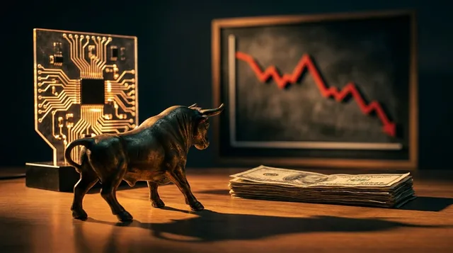 A portrait-style illustration of a skeptical Wall Street investor figure turning away from a glowing AI circuit board or neural network symbol, with his back partially to the viewer as he walks toward a pile of cash.