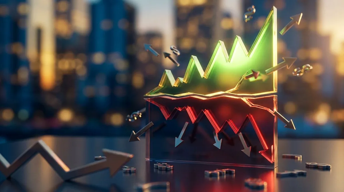 A dramatic split-screen stock market chart showing a sharp peak and reversal, with the top half glowing in bright green bull-market energy and the bottom half shifting into deep red, symbolizing the great rotation and reset. Scattered ticker symbols or stock price arrows are flying in opposite directions — some soaring, some plummeting — conveying the chaos of low correlation beneath a deceptively calm surface. The overall mood is tense and pivotal, like standing at the edge of a cliff, capturin