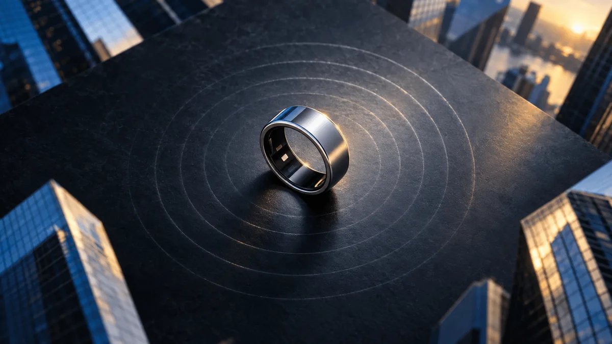 A close-up of a titanium smart ring centered on a dark reflective surface with soft ripple textures, framed by blurred skyscraper reflections suggesting a financial district skyline.