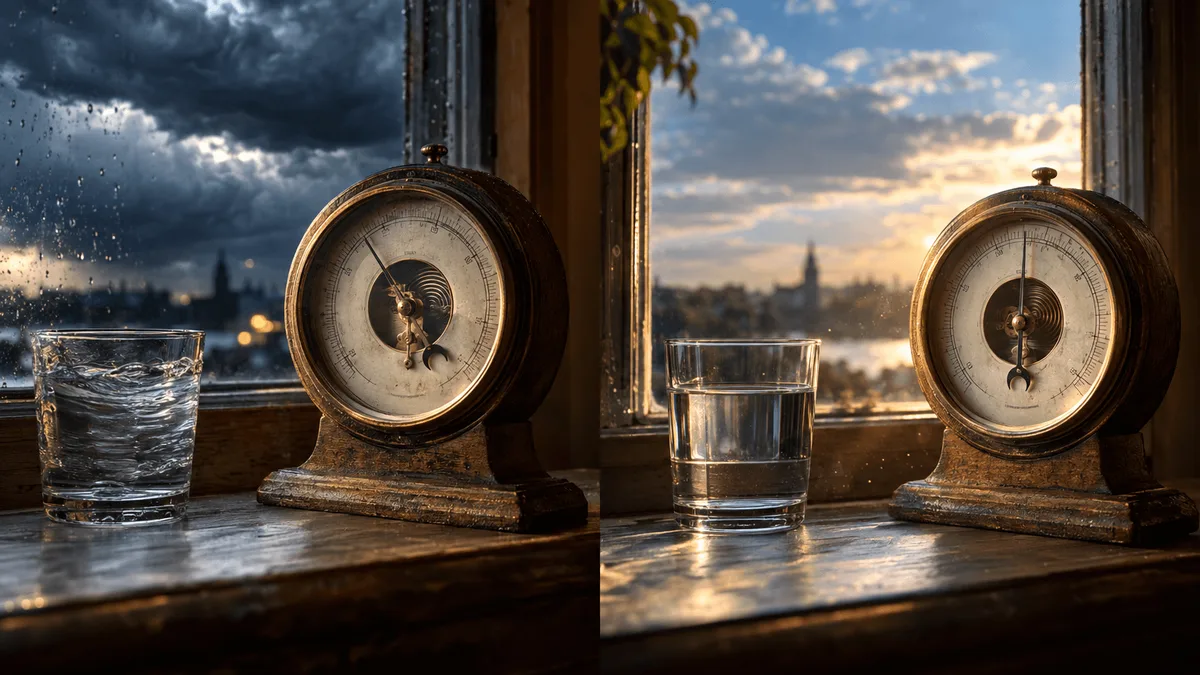 A weathered wooden barometer sits on a sunlit windowsill beside a glass of water, its brass needle trembling just before a storm—then, in a second photograph merged seamlessly into the frame, the same barometer rests calm and still after th