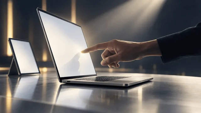 A silver laptop with a glowing blank screen and a fingertip hovering near its display, beside a smaller upright tablet, set against a dark softly lit studio backdrop suggesting an evening product launch event.