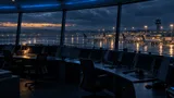 Empty, dimly lit air traffic control room with dark radar consoles in the foreground and parked airliners visible through the window on a cloudy tarmac beyond.