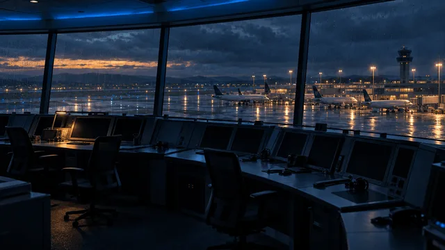 Empty, dimly lit air traffic control room with dark radar consoles in the foreground and parked airliners visible through the window on a cloudy tarmac beyond.