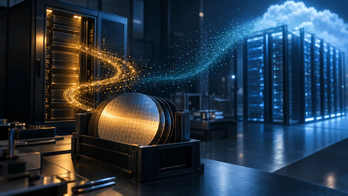 A dark semiconductor lab showing silicon wafers on a workbench flanked by two contrasting server structures, one a sealed, self-contained enclosure and the other an open rack fading into a distant haze, with two different streams of glowing particles drifting between them.