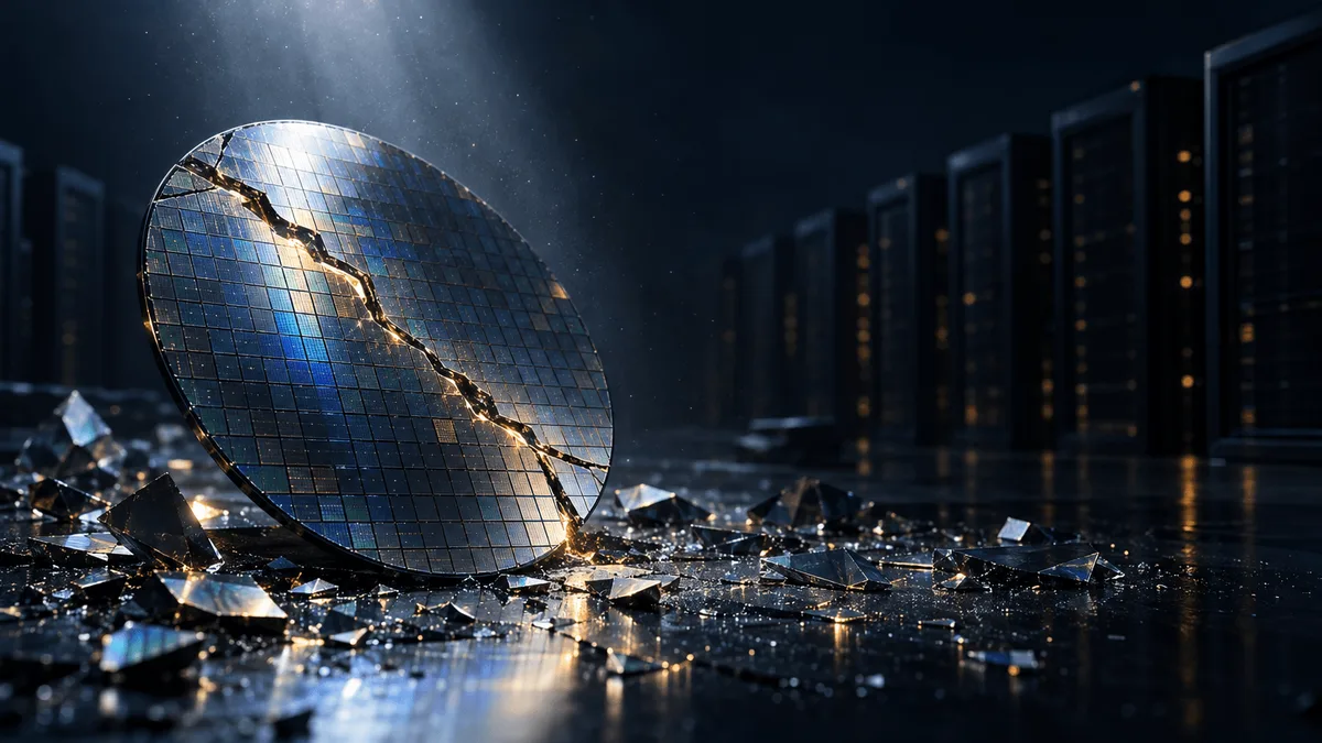 A cracked silicon semiconductor wafer under harsh light, with shattered light fragments scattered around it and dim, powering-down server racks in the blurred background.