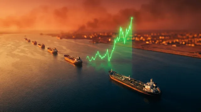 A dramatic aerial view of massive oil tankers navigating through the narrow, sun-scorched waters of the Persian Gulf, with the horizon glowing an intense orange-red as if reflecting distant conflict.