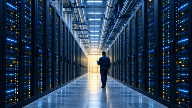 Wide interior view of a large, modern data center with long rows of illuminated server racks and a lone technician walking through the aisle, evoking the scale of cloud infrastructure growth.