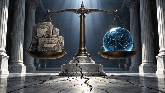Editorial illustration of a large stone-and-bronze judicial scale balancing engraved state-seal tablets against a glass sphere etched with circuit-like lines, set in a cracked marble courtroom hall, symbolizing the legal conflict between state authority and a digital trading platform.