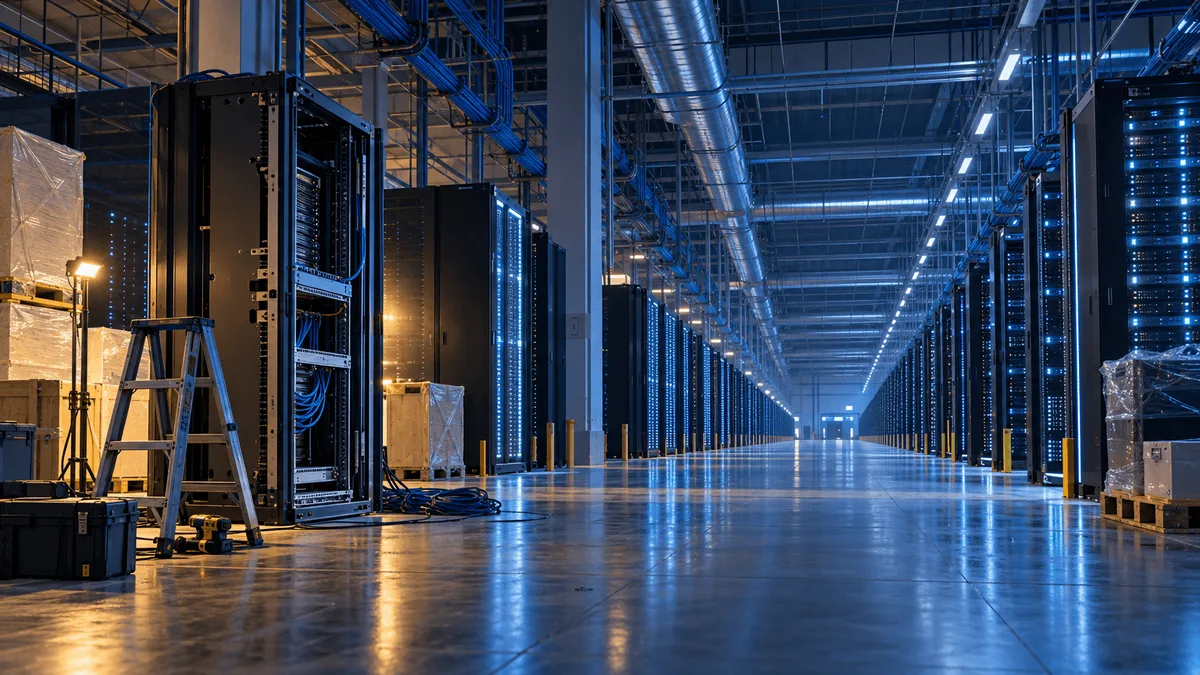 A wide view inside a large data center showing long rows of illuminated server racks, with some racks in the foreground still under construction amid cables and equipment, symbolizing rapid cloud infrastructure growth outpacing build-out capacity.