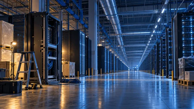 A wide view inside a large data center showing long rows of illuminated server racks, with some racks in the foreground still under construction amid cables and equipment, symbolizing rapid cloud infrastructure growth outpacing build-out capacity.