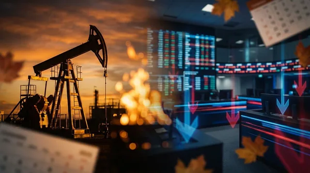A split-scene composition showing an oil derrick or energy infrastructure glowing warmly against a dramatic sky on one side, while stock market ticker boards or trading screens display falling red arrows on the other.