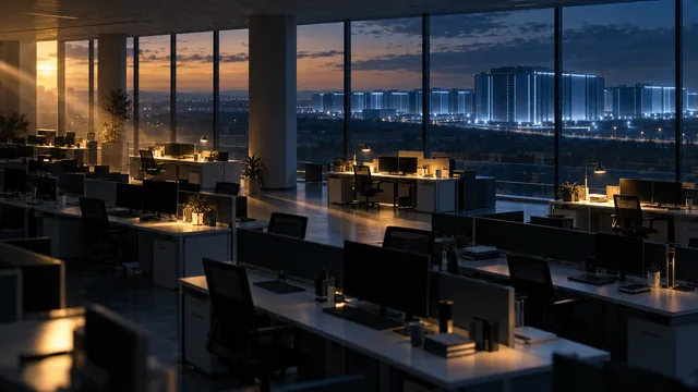 A nearly empty modern office floor at dusk with most workstations dark and a few still lit, overlooking illuminated data center buildings in the distance.