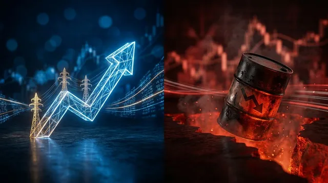 A split-screen financial dashboard visual showing a glowing upward arrow representing utility towers and power lines on one side, contrasted against a downward-trending oil barrel sinking into a deep red zone on the other.