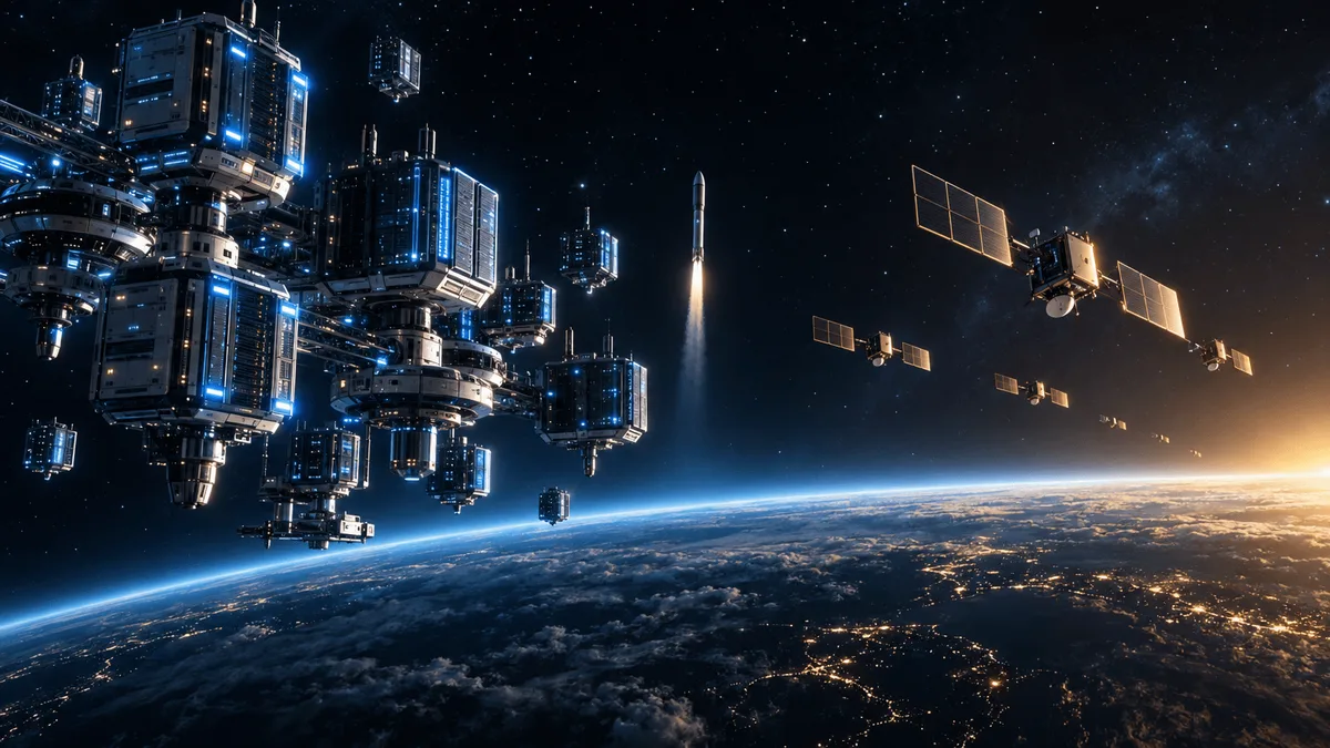 Editorial illustration of a satellite constellation and a glowing cluster of orbital data-processing modules near a rising rocket booster above Earth's curved horizon, symbolizing AI infrastructure outgrowing satellite communications in orbit.