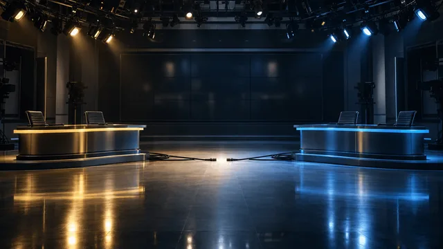 An empty television studio with two anchor desks facing each other under overlapping pools of light, cables reaching toward the center, symbolizing two media companies moving toward a merger.