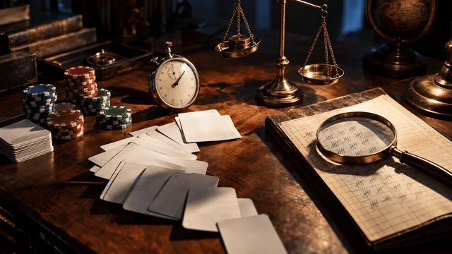 A wooden trading desk viewed from above, cluttered with a scattered deck of blank playing cards fanned out mid-shuffle, a stopwatch frozen at a few seconds, and a stack of poker chips knocked slightly askew as if just pushed forward.