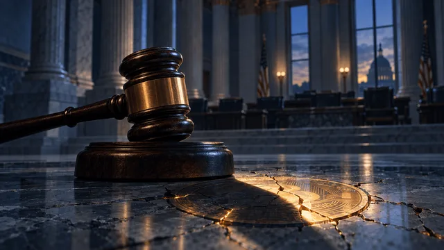 A gavel casts a shadow over a cracked, glowing digital coin embedded in a marble Senate floor, with empty chamber seats blurred in the background.