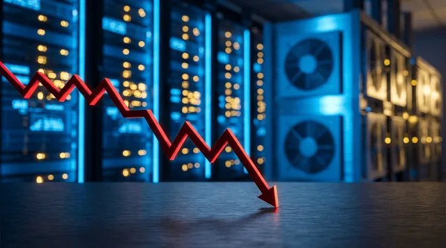 A dramatic downward-trending stock chart rendered in sharp red against a dark background, with glowing blue server racks or GPU hardware visible in the background, creating a stark contrast between technological power and financial decline.
