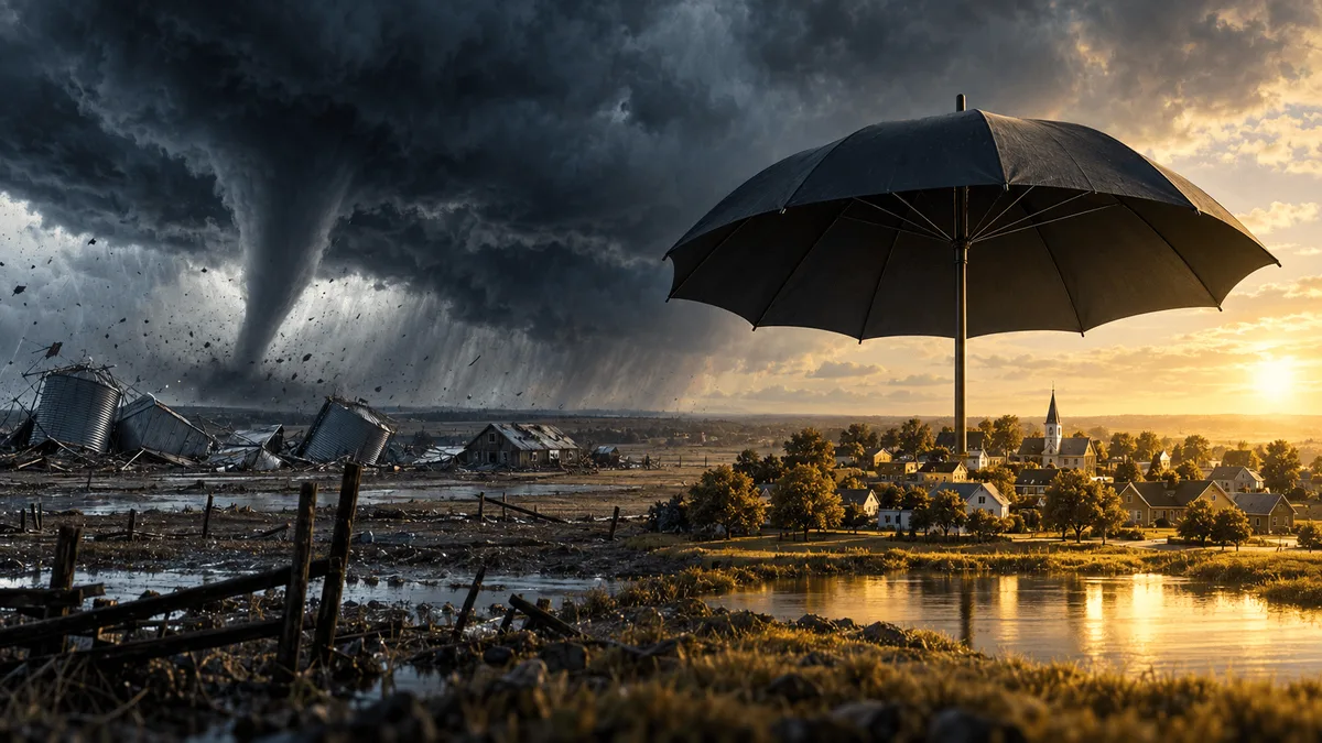 A giant umbrella shelters a calm, sunlit model town with a golden reflecting pool, while a storm with a funnel cloud recedes over a damaged rural landscape on the opposite side.