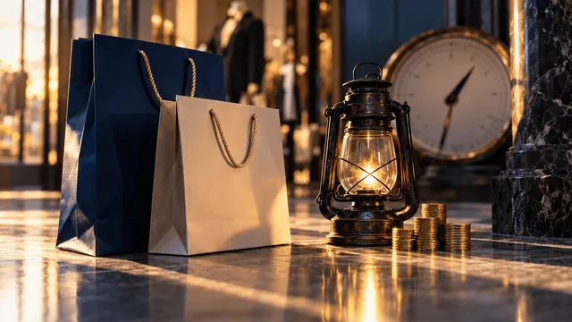 A pair of shopping bags with sturdy rope handles rests on a polished department-store floor beside an oil lantern and a small stack of gold-colored coins, all lit by warm late-afternoon light streaming through a window.