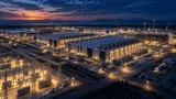 Aerial view of a sprawling data-center construction site at dusk, with cranes, unfinished server buildings, and power lines converging toward a central cluster of illuminated facilities.
